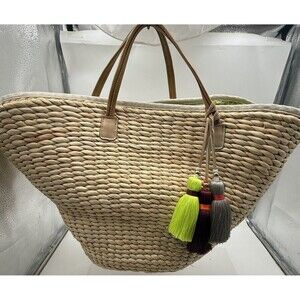 India Hicks Riviera Handwoven Straw Basket With Leather Trim And Handles XLArge